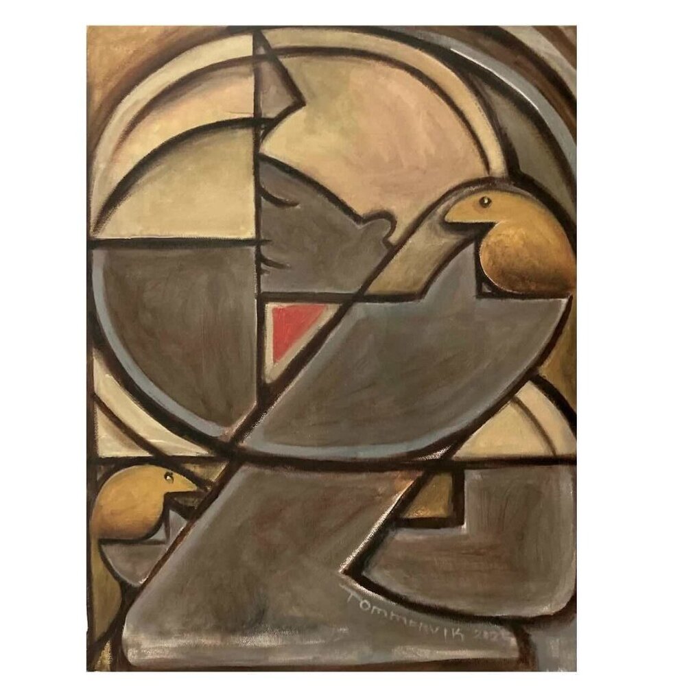 Cubist King Kamehameha Statue Painting | 12x16 Hawaiian Birds Gold  Brown Art